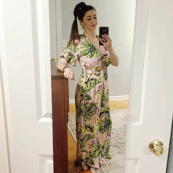 ASOS Jumpsuit, Size 8, Pink Palm Print Wide Leg Beach Jumpsuit NWT - Picture 2 of 6